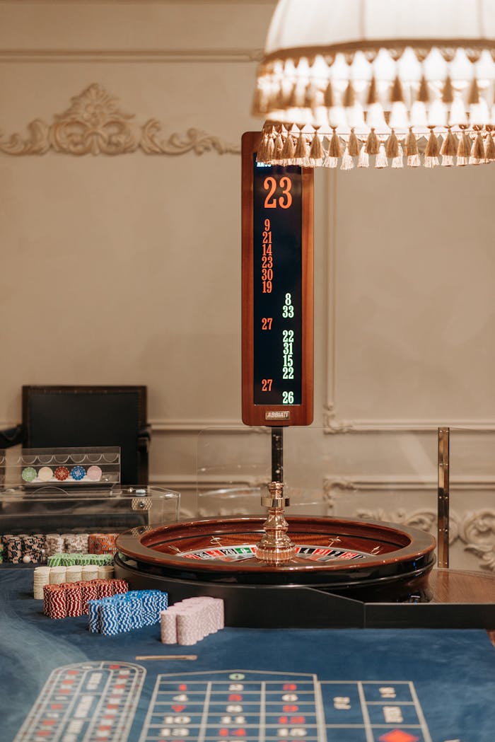 Elegant casino setup featuring a roulette wheel, colorful chips, and a scoreboard.